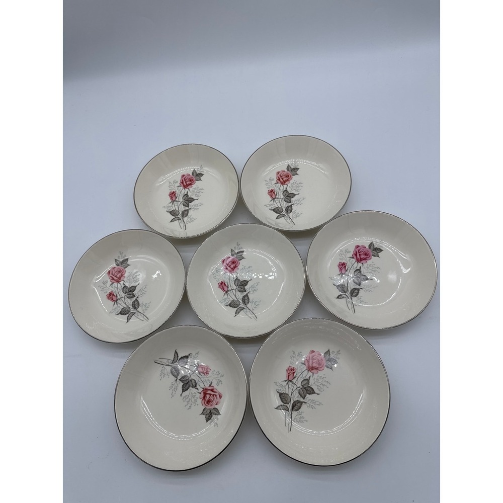 7 Rose Vintage 7" Soup Coupe Bowls Platinum Trim